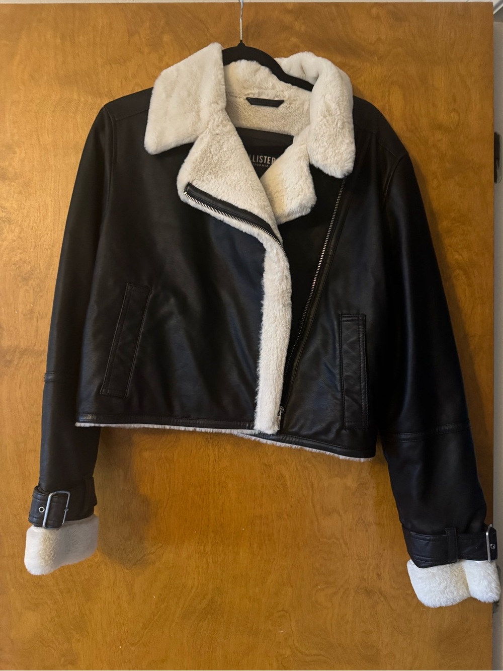 Hollister Black Faux Leather Jacket with Cream Sherpa Trim